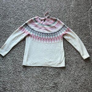 Talbots Bow Neck Sweater Womens M Fair Isle Pink White Whimsical Cottagecore